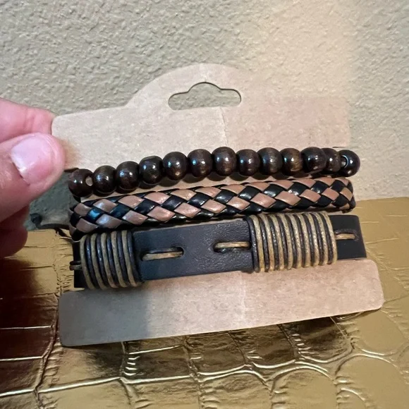 Men's Brown and Black Bracelet Set 3 pc - Picture 2 of 4